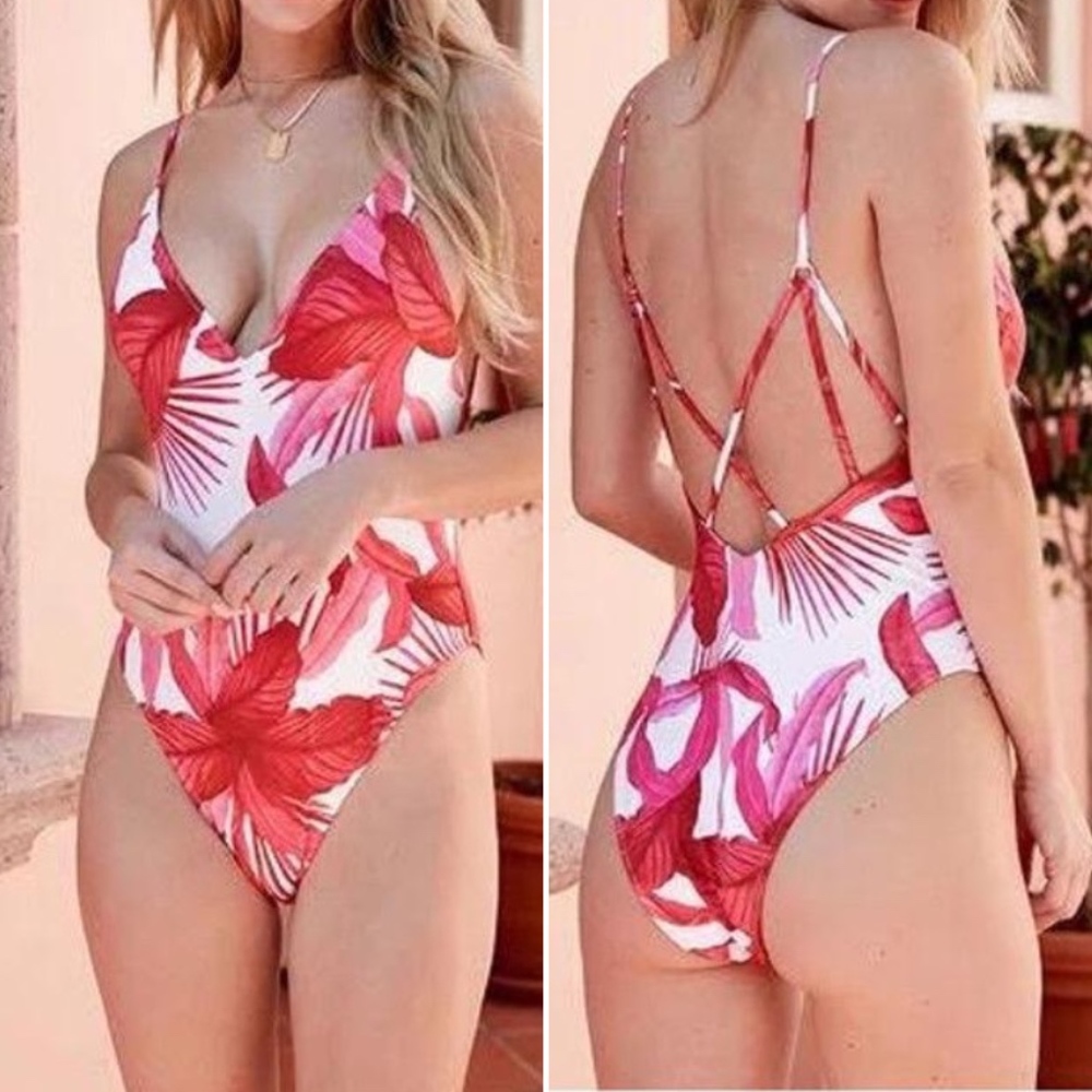 RED TROPICAL FLORAL PRINT ONE PIECE